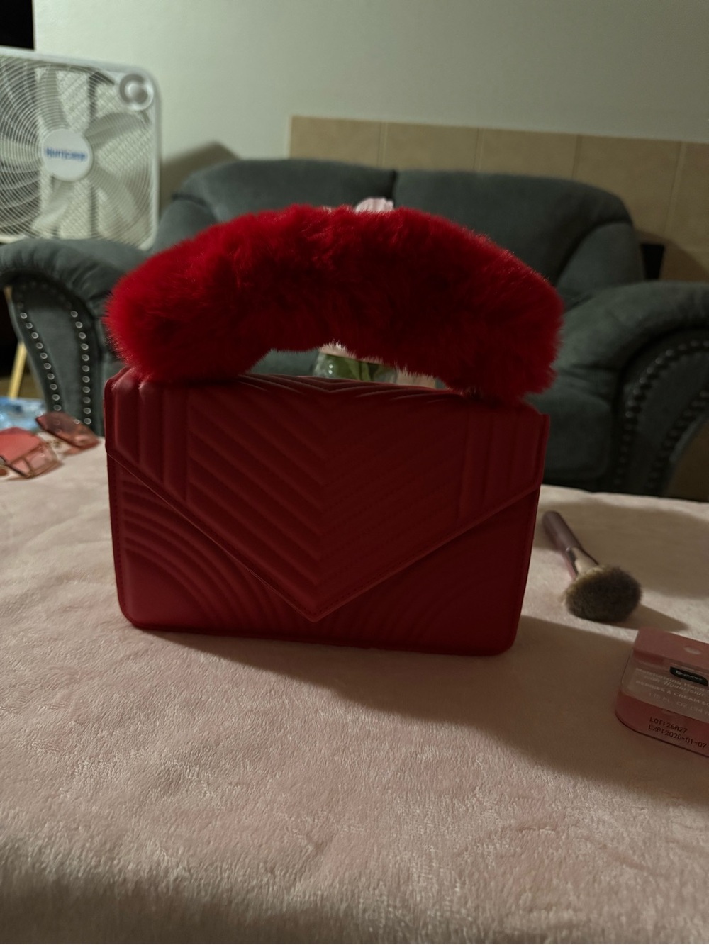 SHEIN Red Quilted Box Clutch with Faux-Fur Handle